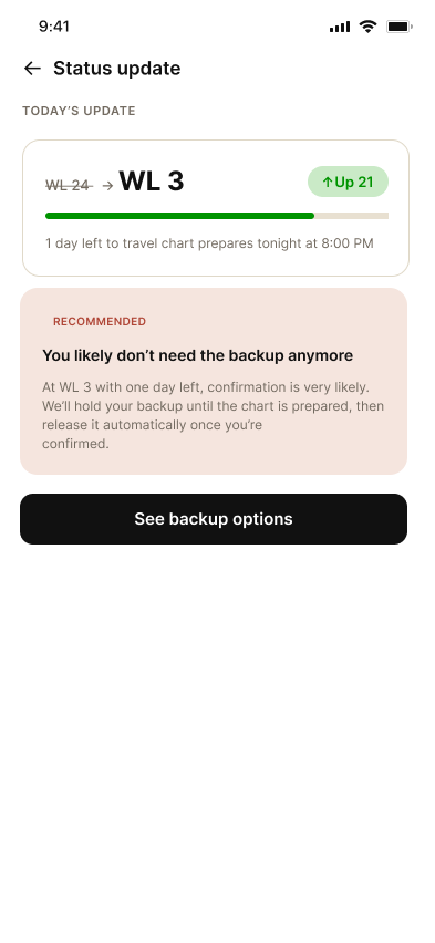 Backup Options screen — ranked alternates with Best Match Tatkal option